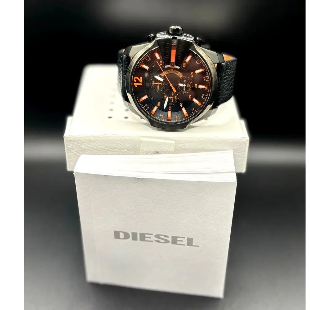 Diesel Mega Chief DZ4291 Black Orange Chronograph Leather Men's Watch 51mm